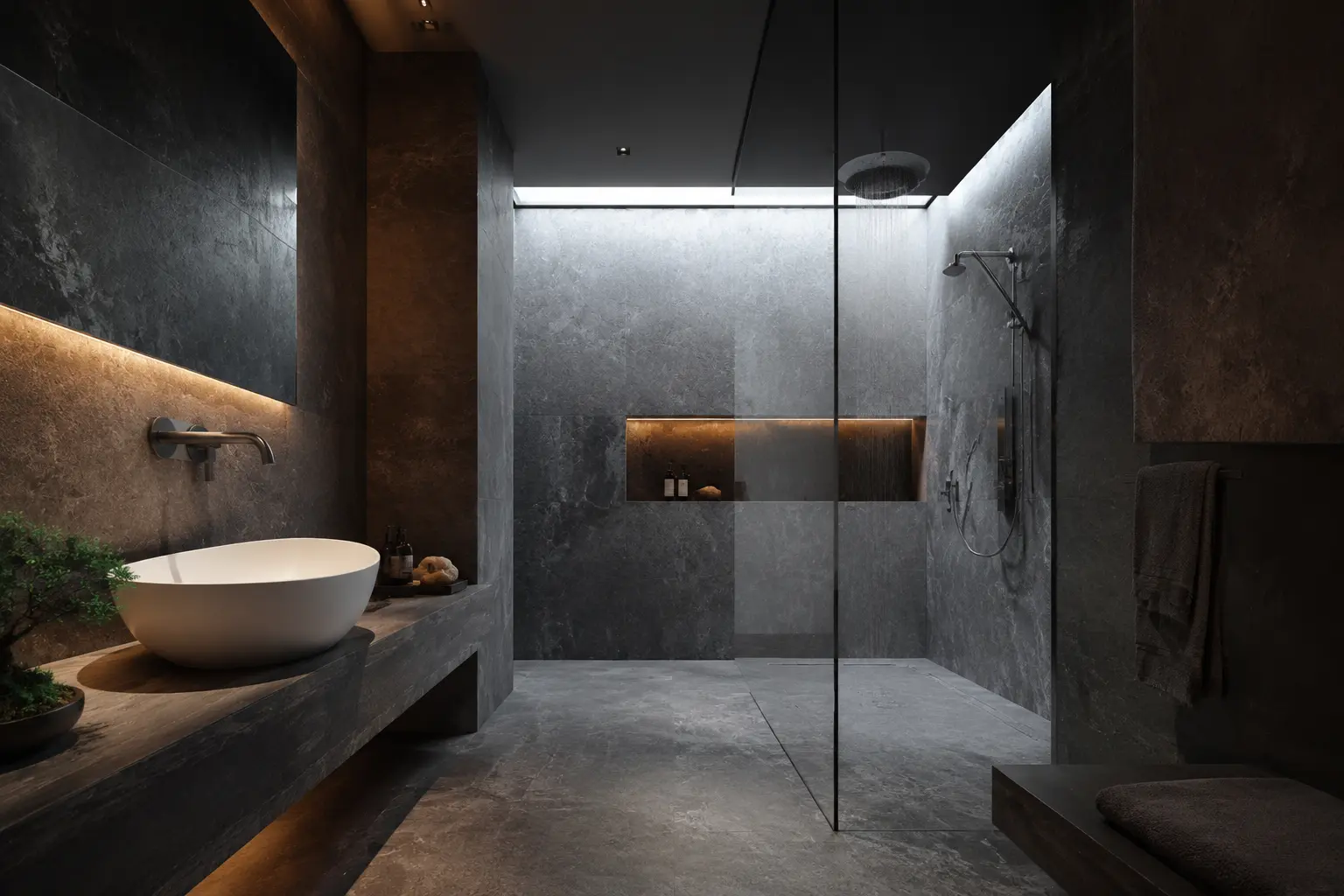 Dark monochrome shower room design concept